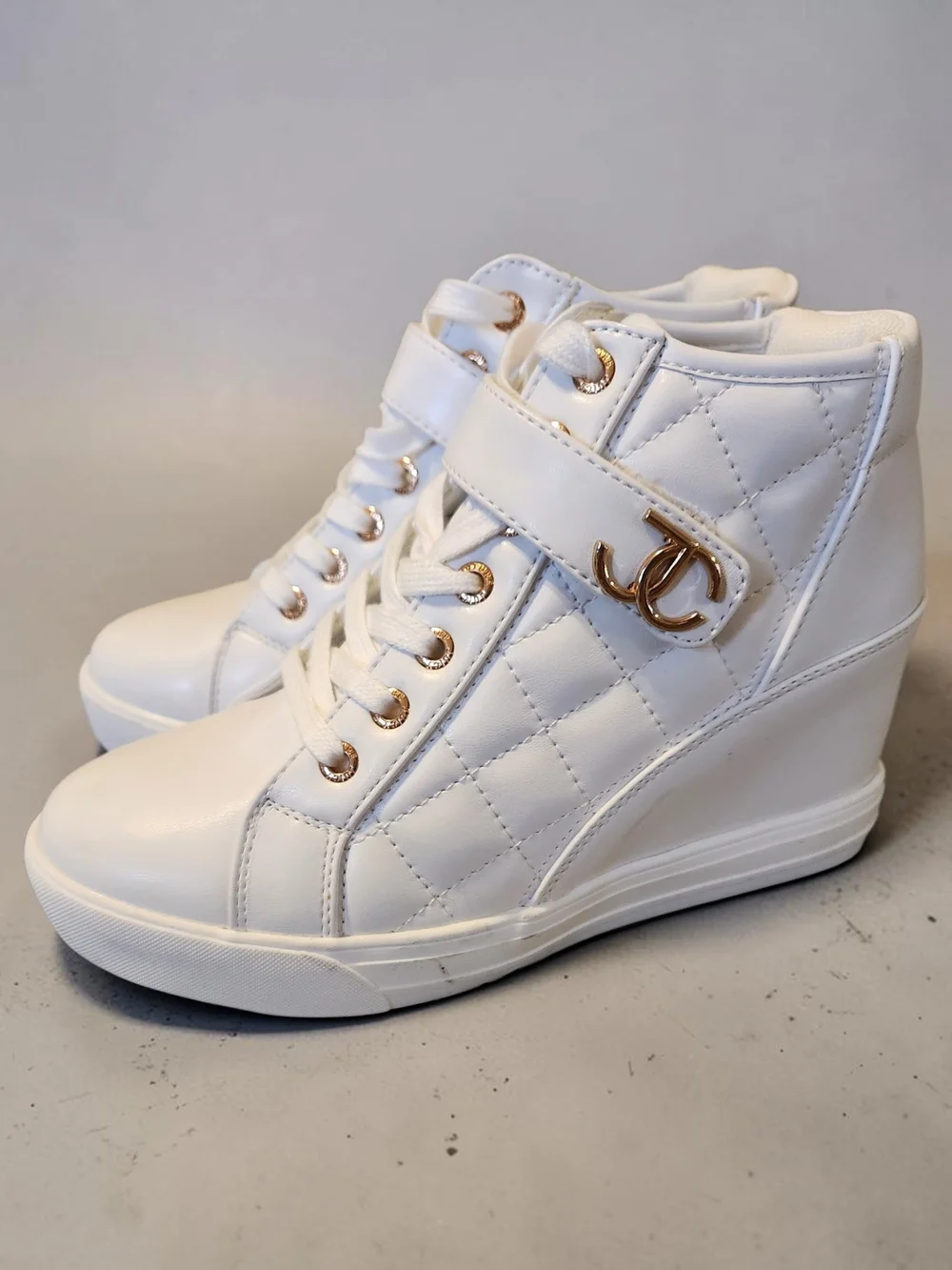 Juicy Couture White Quilted Wedge Sneaker with Gold Hardware